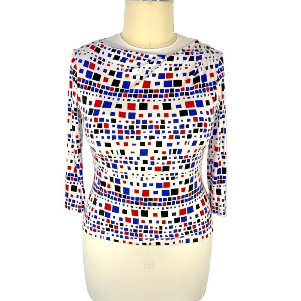 St. John Sport - Blouse Women's L Cowl Neck 3/4 Sleeve Stretch Geometric